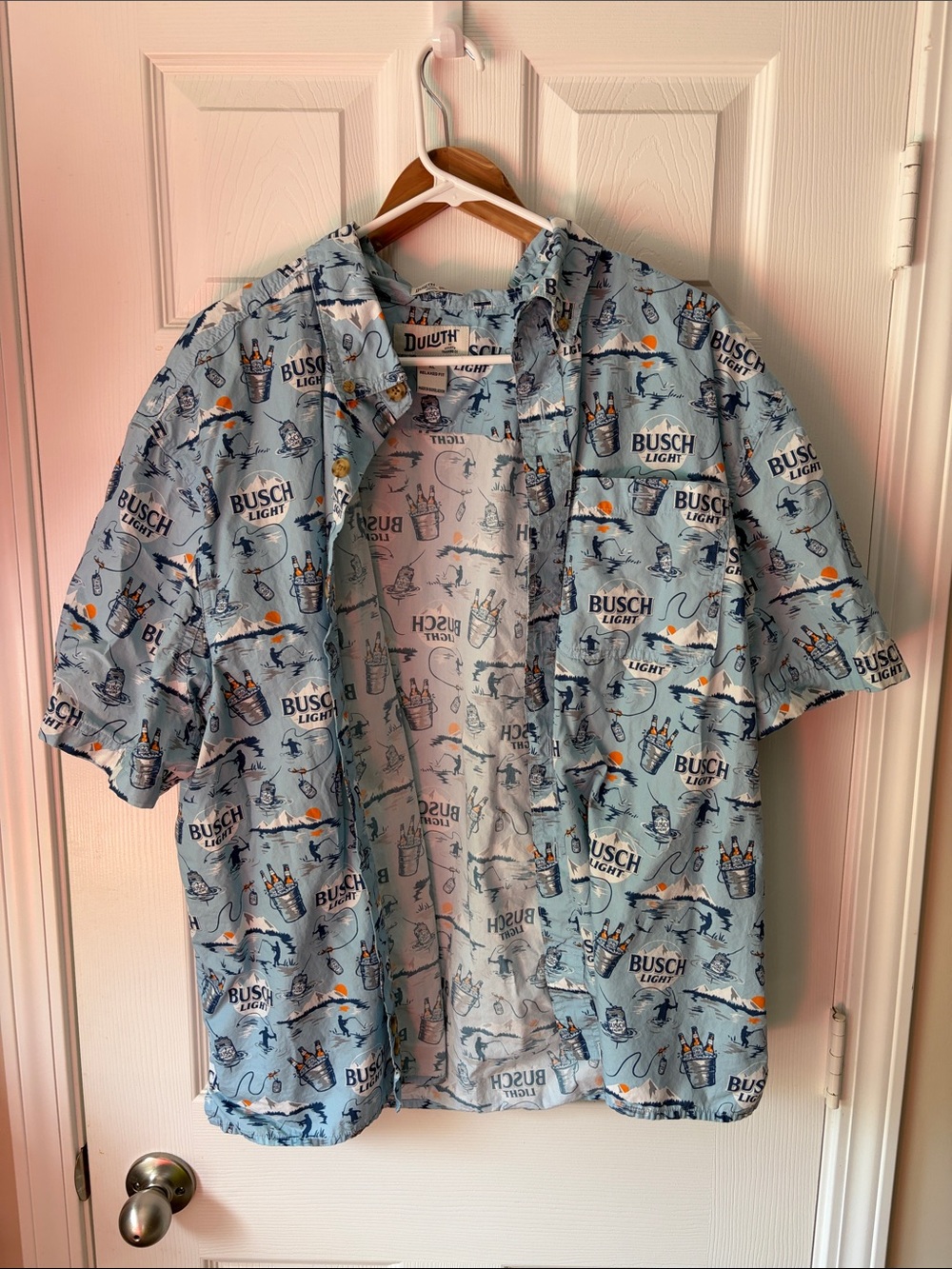 Duluth Trading Co Light Blue Busch Light Logo Short-Sleeve Button Shirt